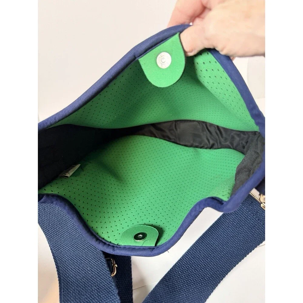 AHDORNED Classic Stripe Messenger Crossbody Bag Navy Perforated Neoprene Preppy